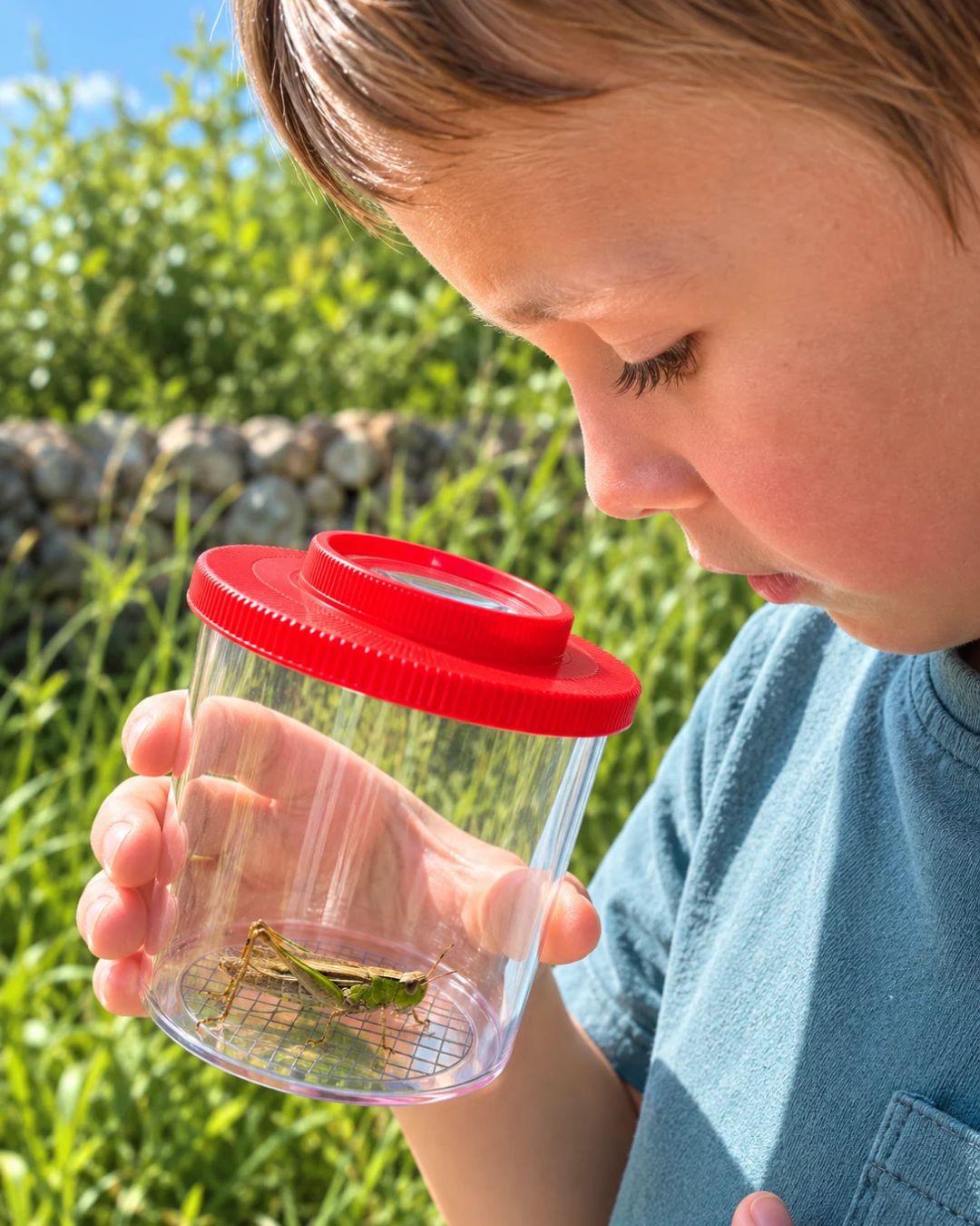 Garçon observant un criquet dans une boîte loupe, dehors dans l'herbe