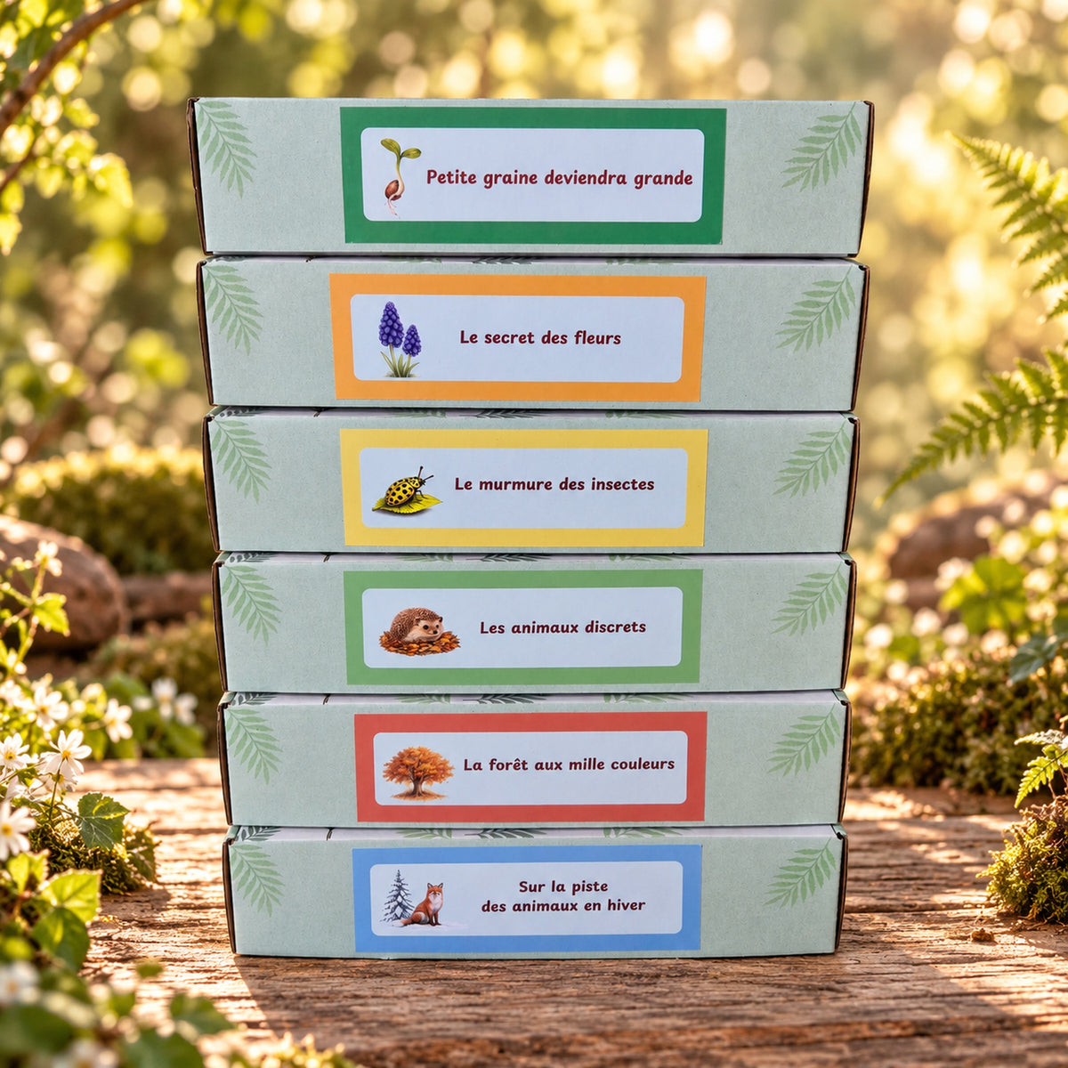 Les 6 box nature de La Coccinelle Curieuse empilées, une par thème de l'année